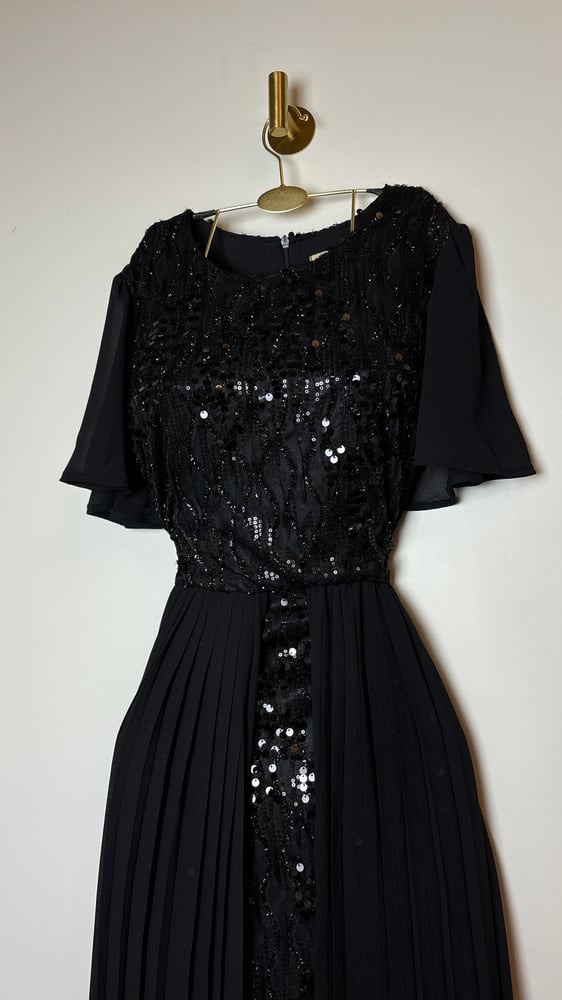 Evening dress beige embroidered with sequins with double pleated skirt