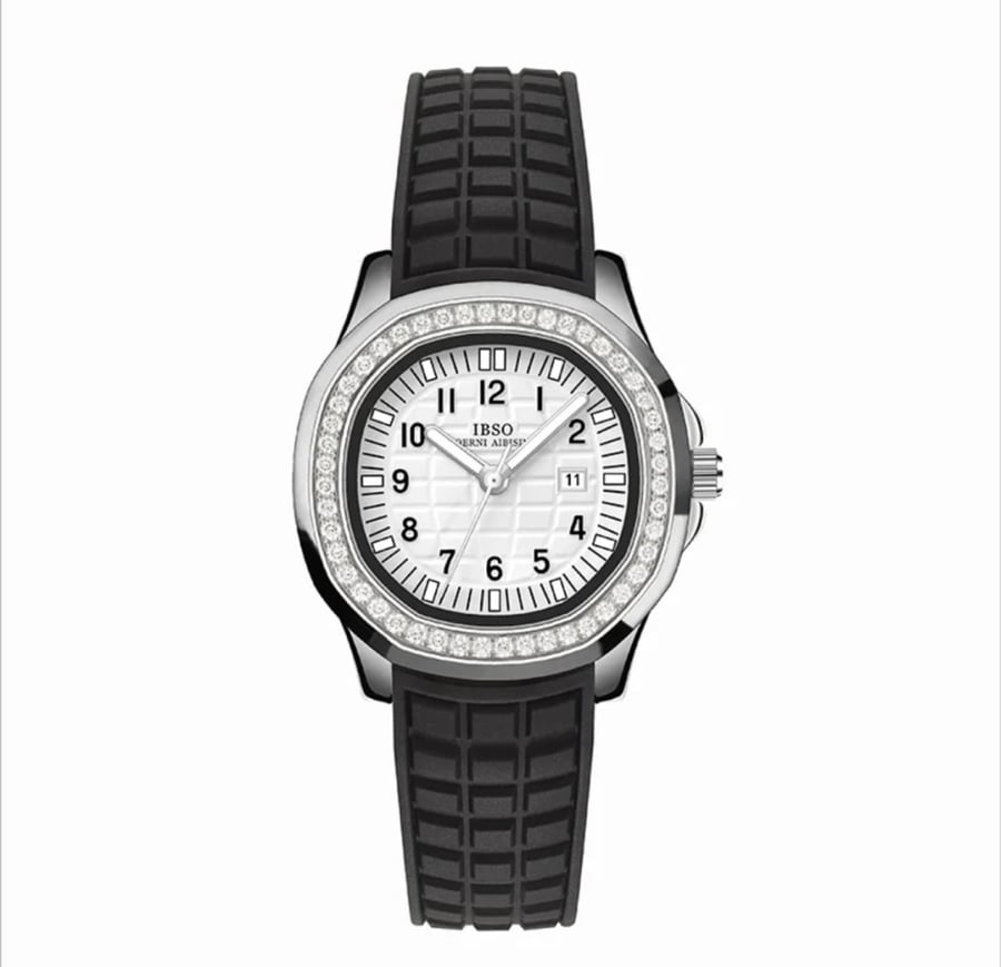 A silver watch with a black strap encrusted with crystal