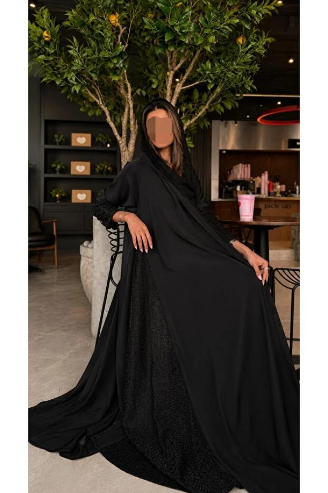 TREADY عباية كريب مع تطعيمات مكشكشة