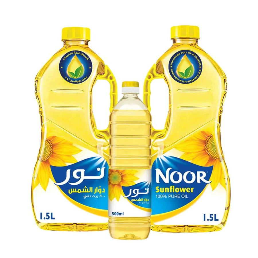 نور زيت دوار الشمس 100% نقي 2x 1.5 لتر + 500 مل