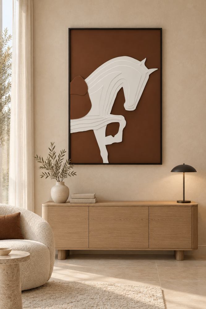أصيلة | لوحة خيل جدارية مجسمة بارزة من خشب MDF بحجم 120×80 سم