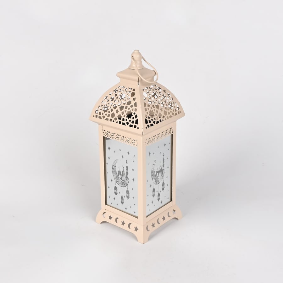 فانوس رمضان ليد حديد بيج مع زجاج فضي - تصميم انيق بنقشة اسلامية