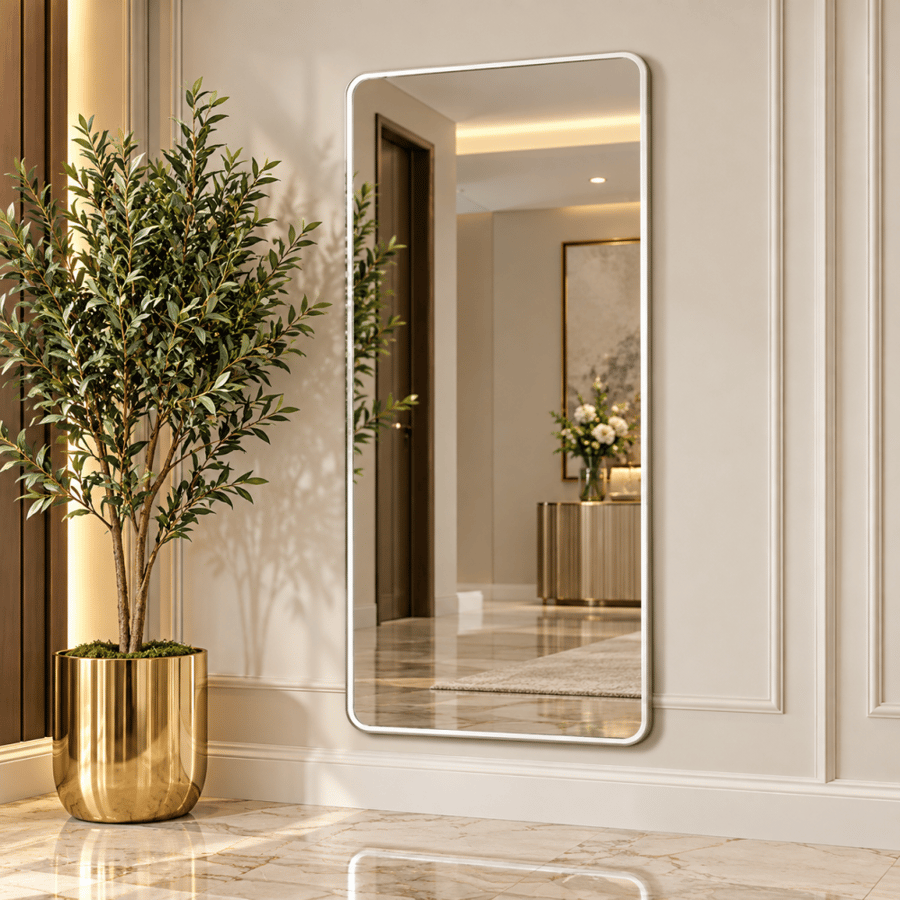 مراية حائط ليمنورا 160×80 سم بإطار معدني أبيض – مرآة الومنيوم ديكور مستطيلة بتصميم عصري فاخر تضيف الأناقة والاتساع للمداخل وغرف المعيشة وغرف النوم