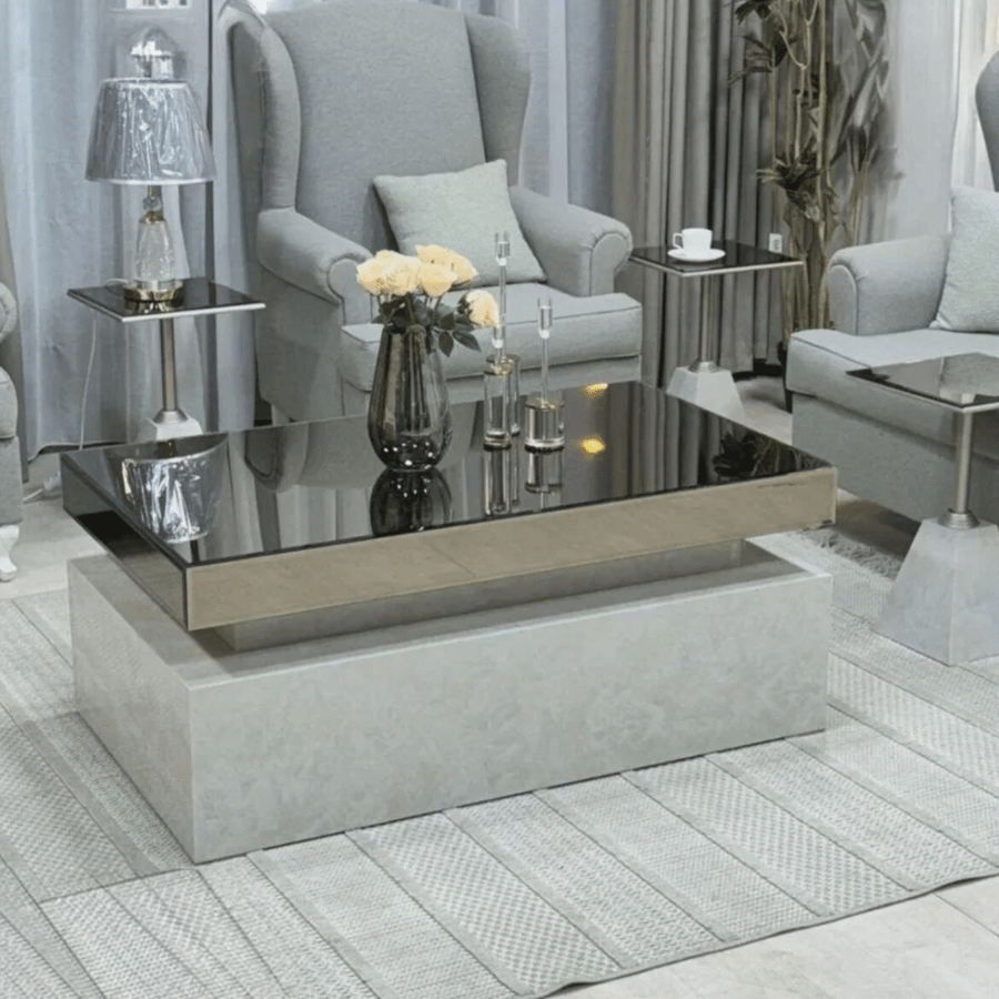 طقم طاولات ضيافة رافيلدا مودرن 5 قطع (1+4) بسطح زجاج وبديل رخام – طاولات قهوة وسط بتصميم عصري فاخر لغرفة المعيشة والمجالس والديكور المنزلي