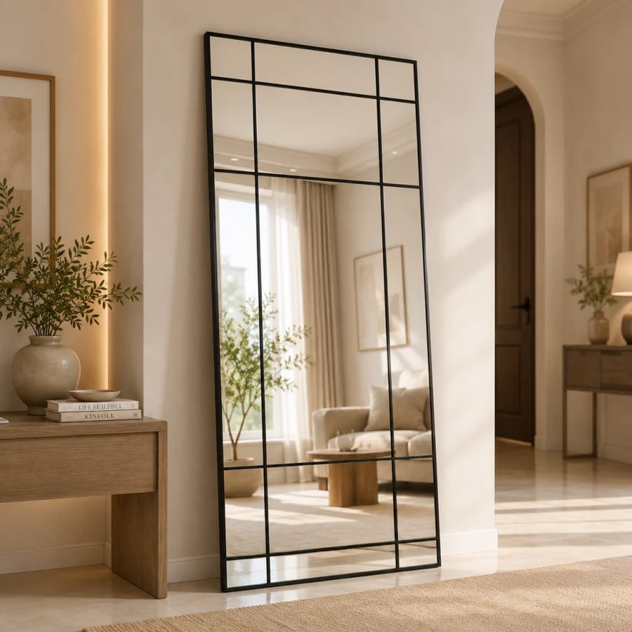 مرآة حائط طويلة كافويا 180×90 سم بإطار أسود – مراية جدارية كبيرة كاملة الطول بتصميم مودرن فاخر لغرف النوم والمداخل وغرف المعيشة