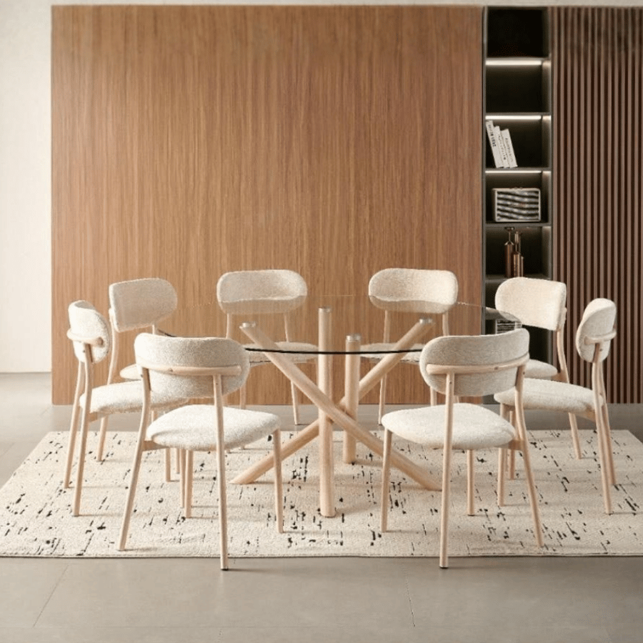 طقم طاولة طعام مدورة زجاج شفاف  160 سم مع 8 كراسي لون ترافينتو – فيترو تصميم انيق وراقي
