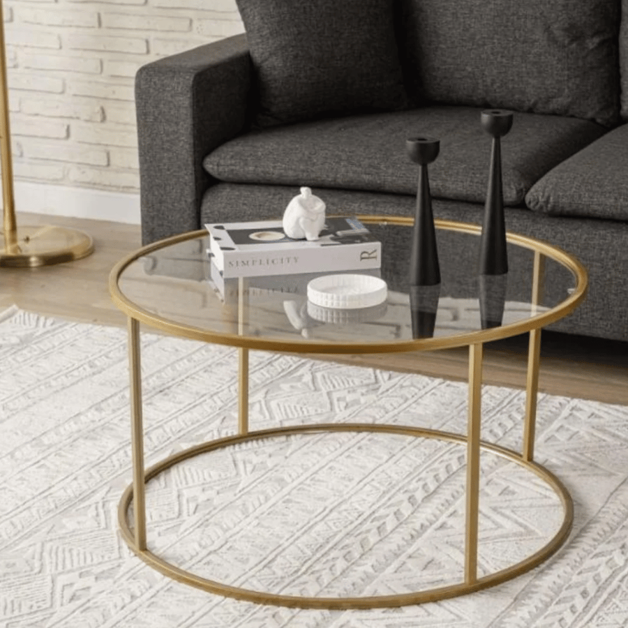 طاولة قهوة تبريكا مدورة 80×80 سم – طاولة ضيافة وسط بسطح زجاج فاخر وهيكل معدني متين بتصميم مودرن أنيق لغرف المعيشة