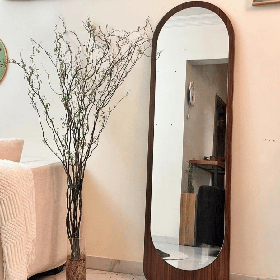 مراية ديكور طويلة 170×60 سم بإطار خشبي بلون بني فاتح – زيرالين مرايا حائط أنيقة لغرف النوم والمعيشة