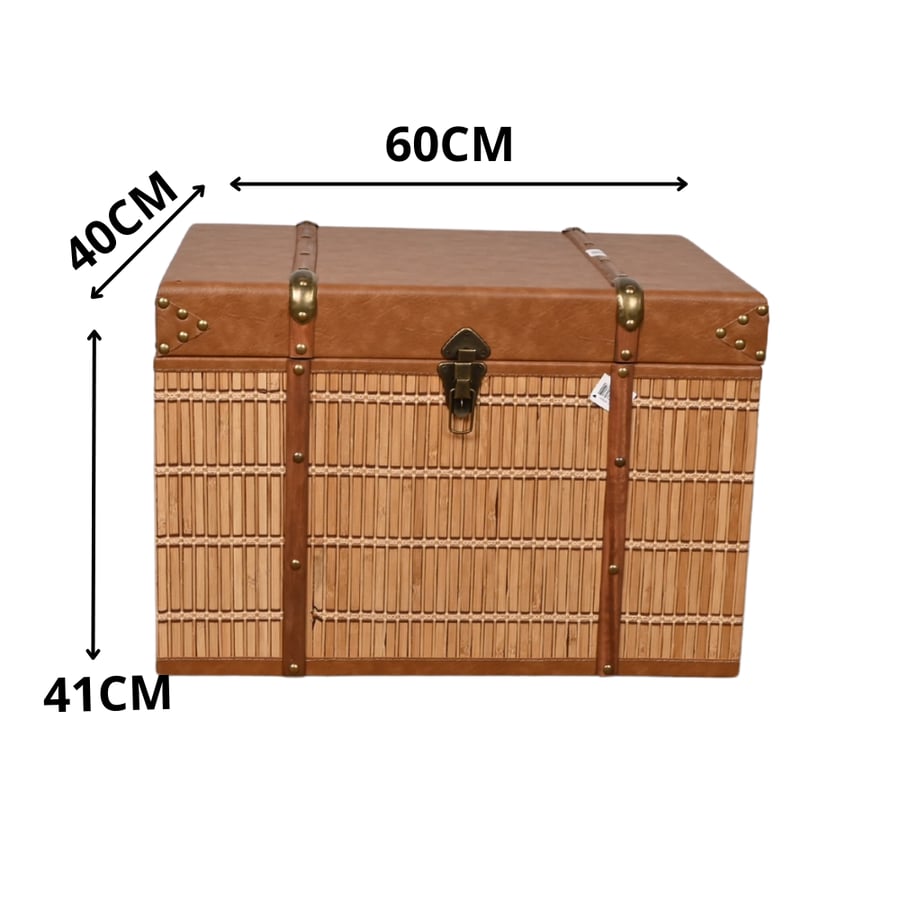 صندوق سجاد خشب ملبس جلد 60×40×41 سم مستطيل لون بني – صندوق تخزين وتنظيم كلاسيكي أنيق بتصميم فاخر وغطاء متين