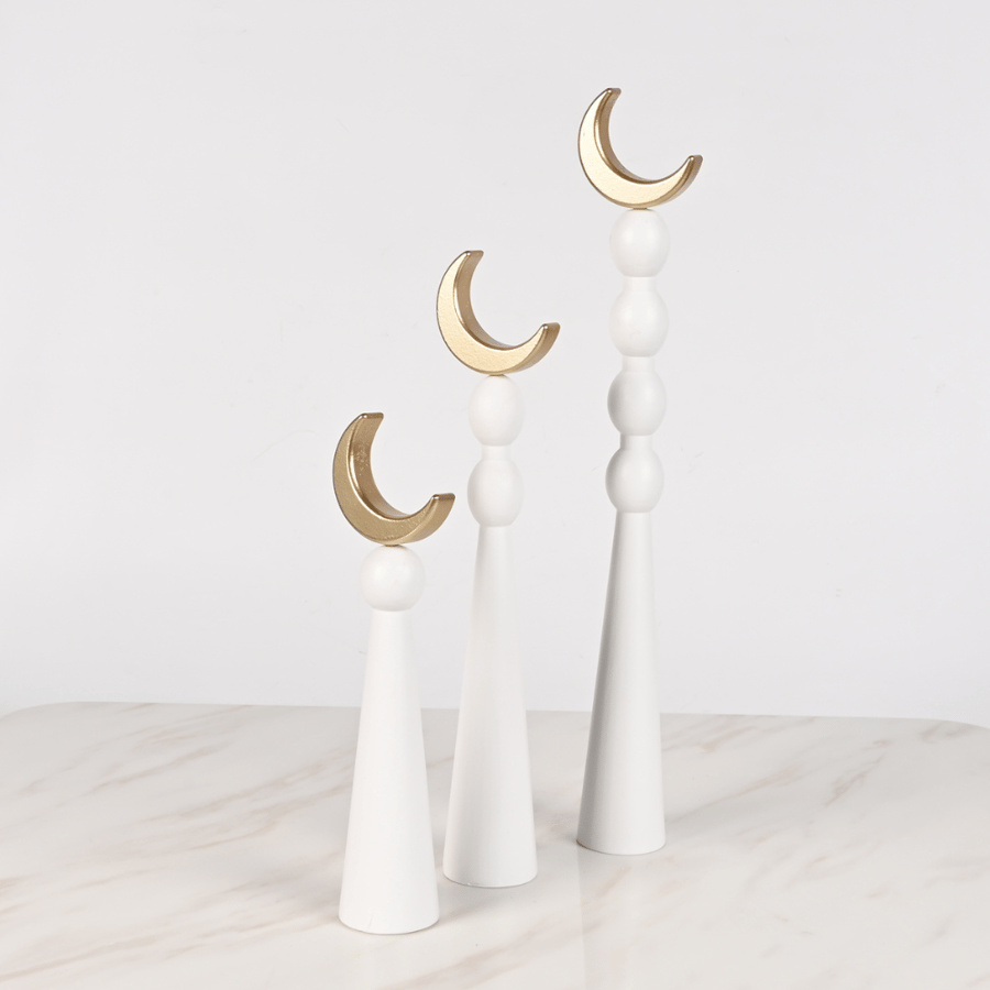 طقم ديكور زينة رمضان خشب أبيض وذهبي – تصميم مئذنة وهلال