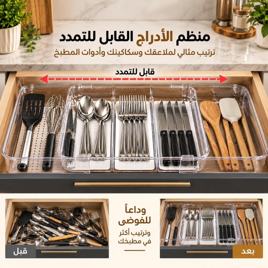منظم ملاعق أكريليك شفاف قابل للتعديل – مقسم أدوات المطبخ بتصميم انيق