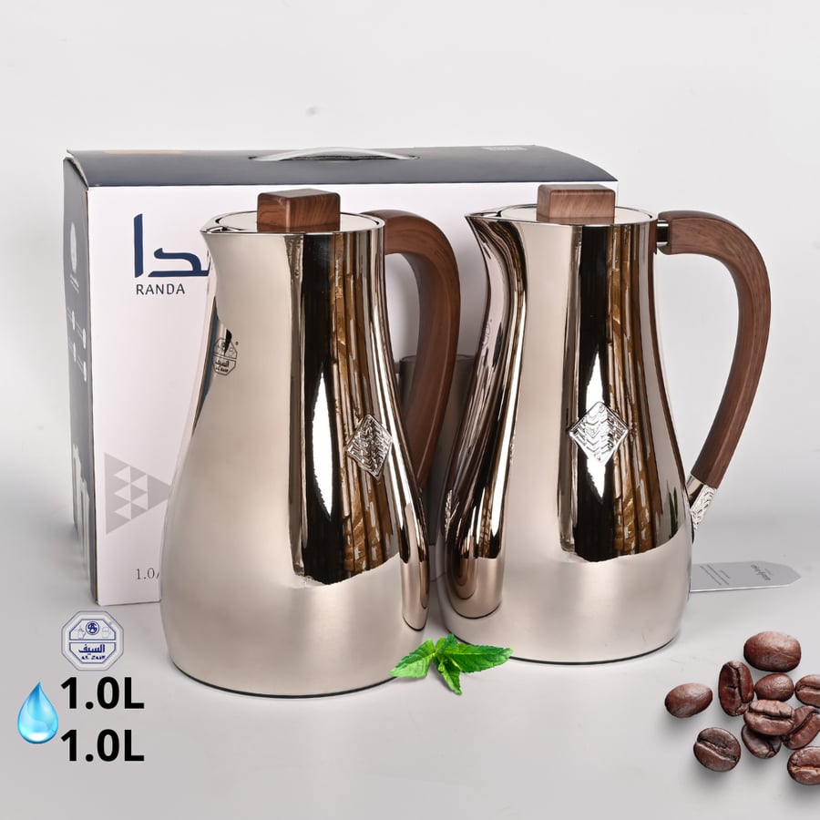 طقم ترامس رندا 2 حبة سعة 1.0 لتر لون نيكل لامع مع مقبض خشب – ترامس قهوة وشاي حرارية بتصميم أنيق لطقم الضيافة والتقديم المناسب للمجالس والضيوف