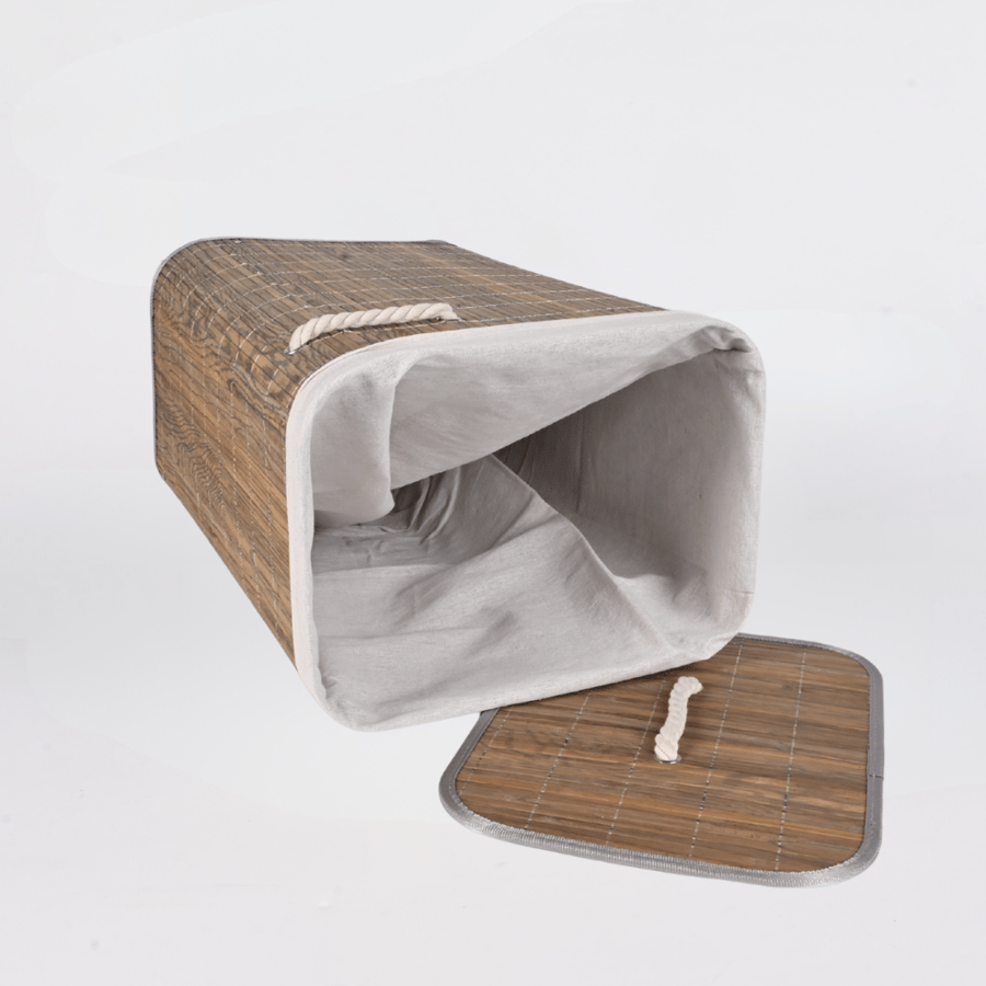 سلة غسيل مستطيلة مقاس 40×30×60 سم قابلة للطي رمادي بني مع غطاء خشبي وبطانة داخلية – تخزين وتنظيم الملابس