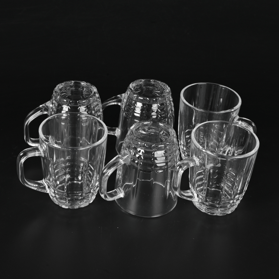 طقم كاسات زجاجية 6 حبة 240 مل بمقابض – كاسات فاخره بتصميم قوي وأنيق مثالية للضيافة وتقديم المشروبات الساخنة والباردة