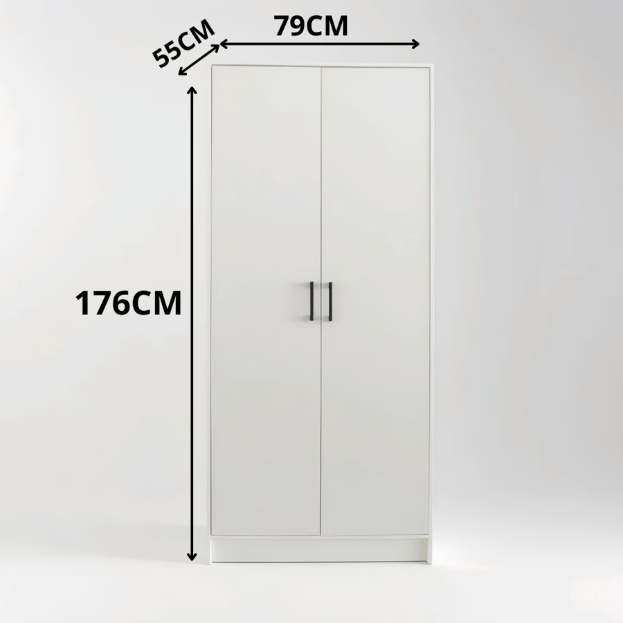 دولاب ملابس 2 باب خشب أبيض مقاس 176×79×55 سم – تصميم عملي وأنيق لغرف النوم