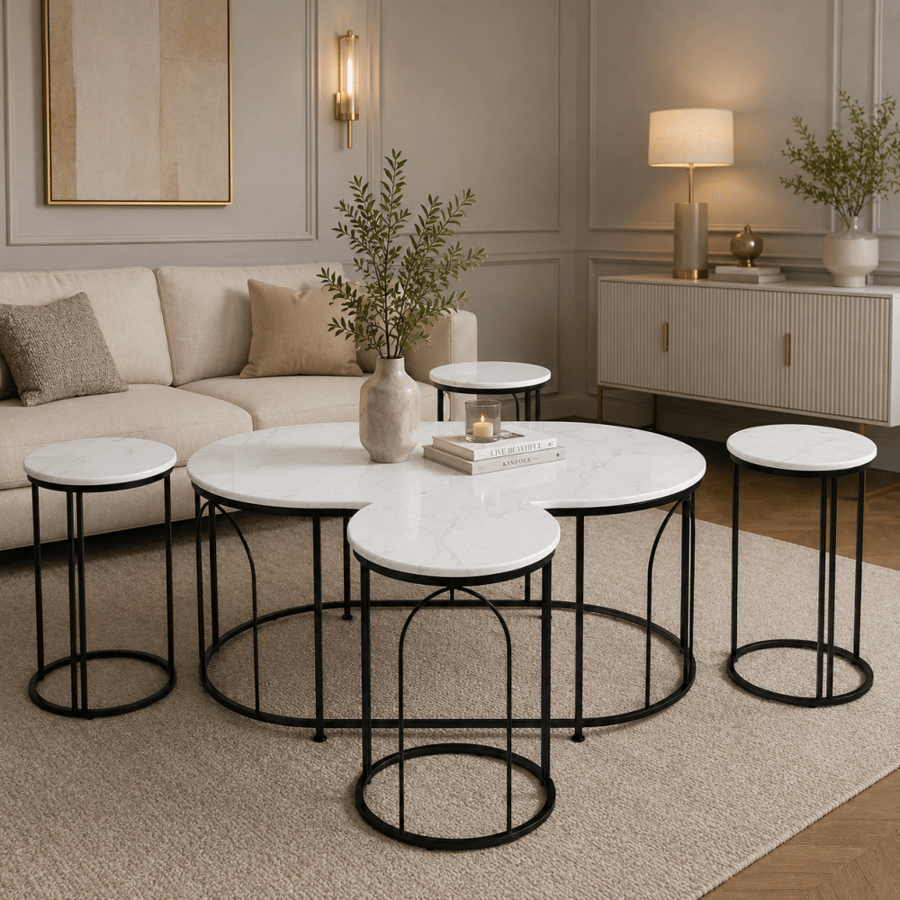 طقم طاولات ضيافة أوريندا الفاخر 1+4 قطعة بتصميم مودرن أنيق مع أسطح خشبية راقية وطاولة رئيسية بيضاوية وطاولات جانبية مدورة لغرف المعيشة والمجالس