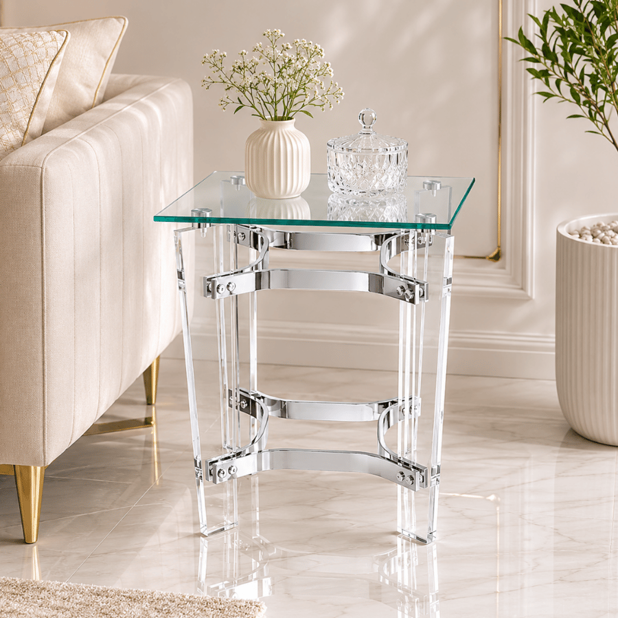 طاولة خدمة كيروزا مربعة بسطح زجاج وأرجل أكريليك شفاف مع فضي – طاولة جانبية أنيقة بتصميم عصري يجمع بين شفافية الأكريليك وفخامة اللون الذهبي