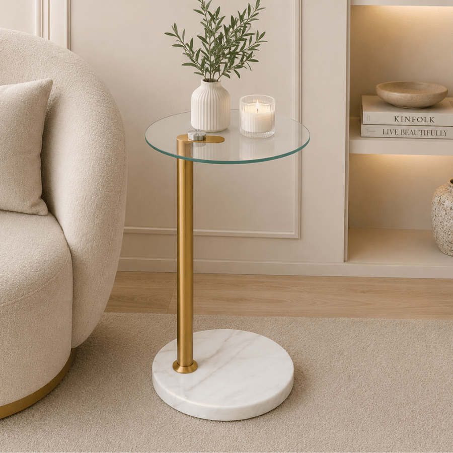 طاولة جانبية مدورة سطح زجاج مع قاعدة سيراميك مقاس 35×55 سم لون ذهبي – طاولة خدمة تيرنزا أنيقة وفخمة للكنب والصالة وغرفة المعيشة