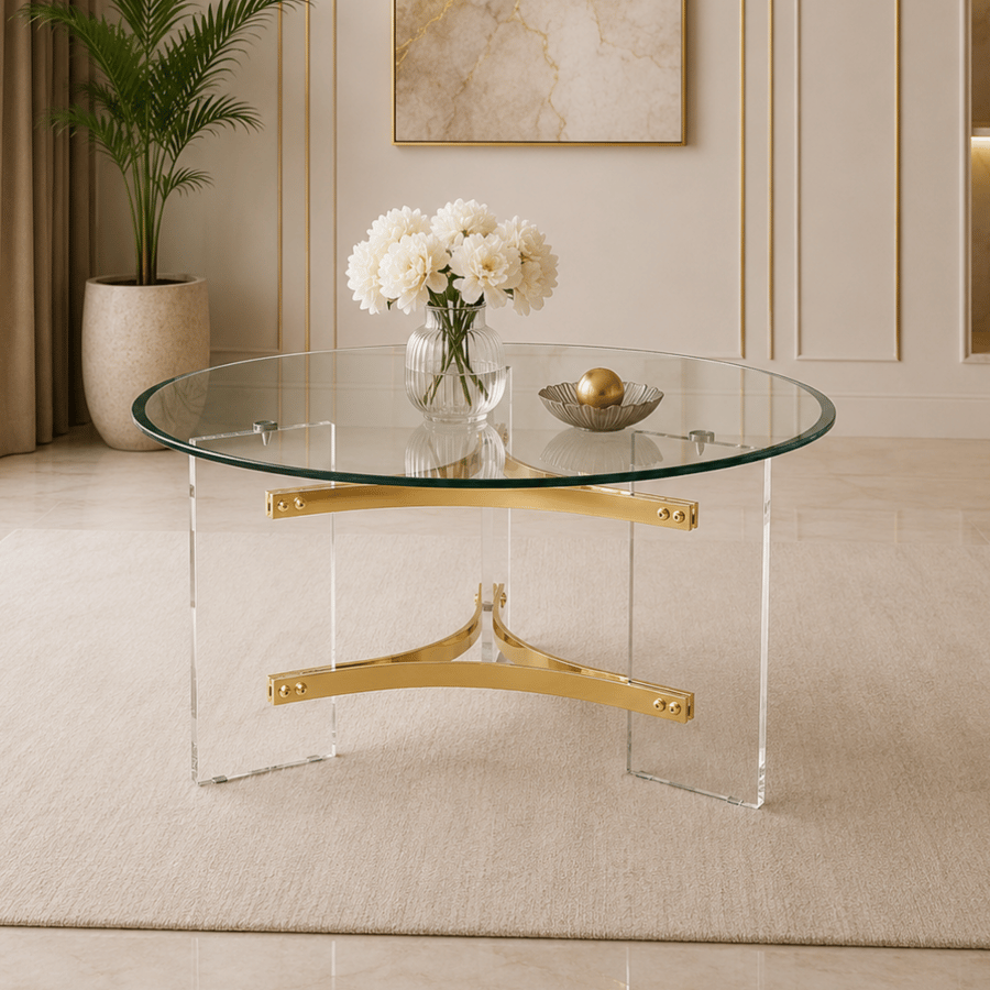 طاولة شاي كورامير مدوّرة بسطح زجاج 90×90 سم لون ذهبي – طاولة قهوة عصرية أنيقة للمجالس وغرف المعيشة والاستقبال