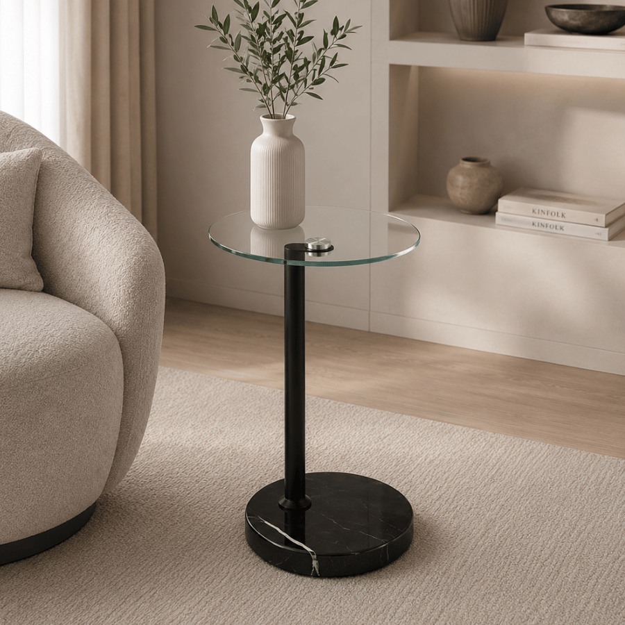 طاولة جانبية مدورة سطح زجاج مع قاعدة سيراميك مقاس 35×55 سم لون اسود – طاولة خدمة تيرنزا أنيقة وفخمة للكنب والصالة وغرفة المعيشة