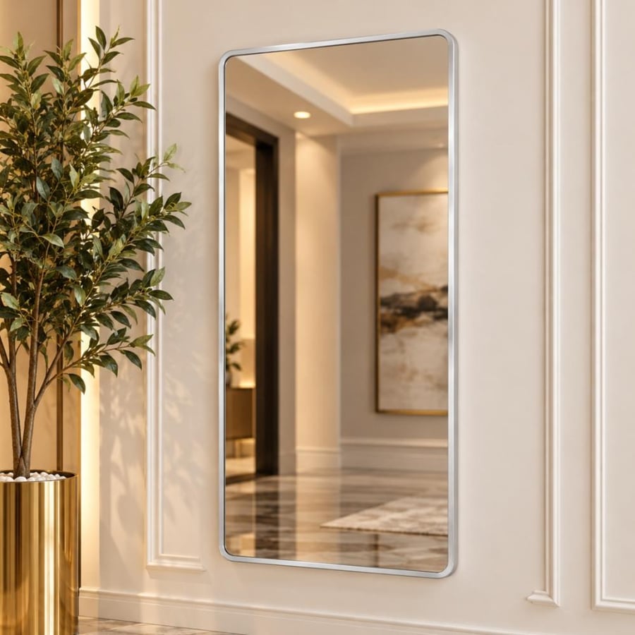 مراية حائط ليمنورا 120×60 سم بإطار معدني فضي – مرآة ديكور مستطيلة بتصميم عصري فاخر تضيف الأناقة والاتساع للمداخل وغرف المعيشة وغرف النوم