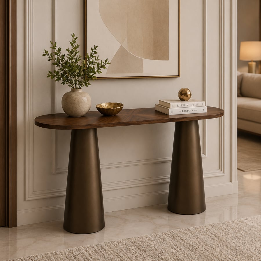 طاولة مدخل نيمفريا خشبية بقواعد معدنية متينة – كونسول مدخل مودرن فاخر بتصميم عصري أنيق، طاولة ديكور متعددة الاستخدامات للمداخل