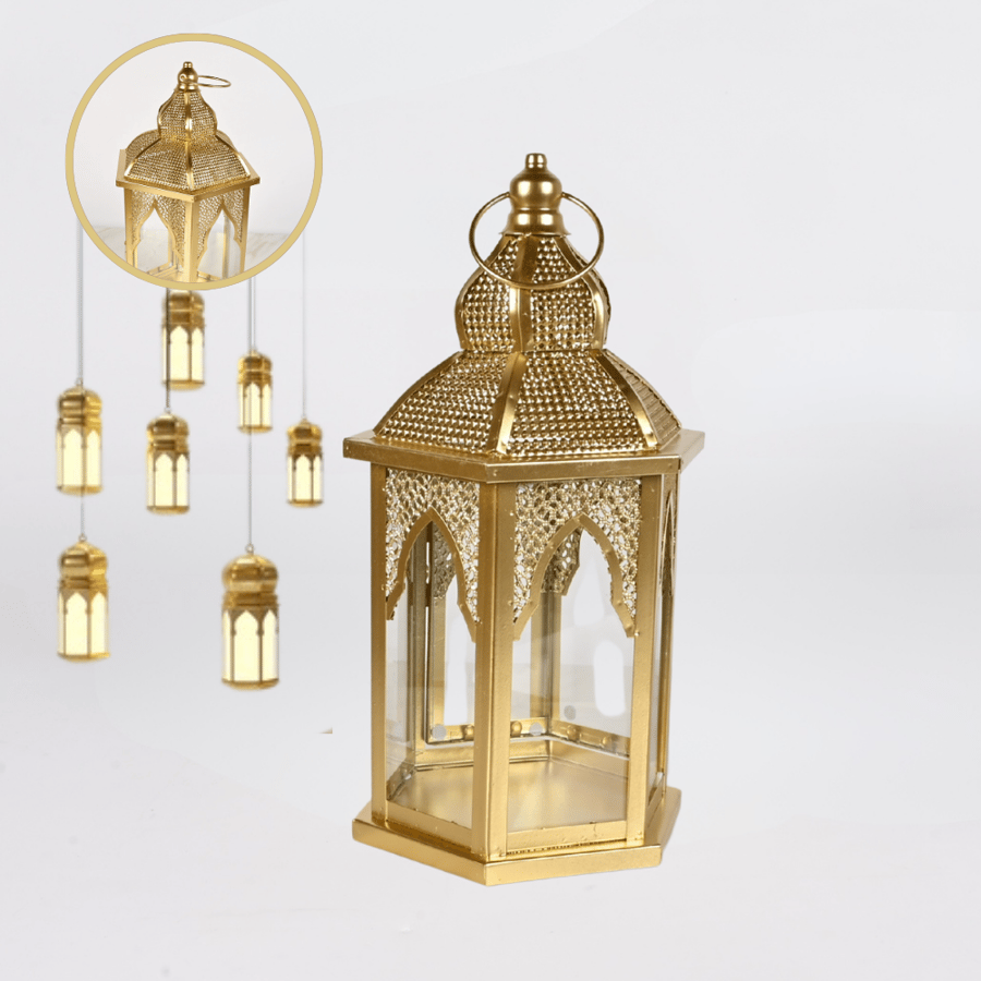 فانوس رمضان مقاس 35 سم حديد ذهبي مع جوانب زجاج – تصميم إسلامي أنيق للزينة والديكور