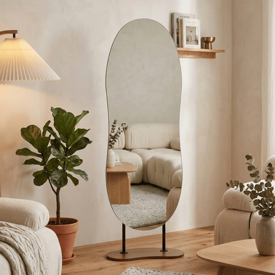 مراية تارسيا طويلة بيضاوية 170×60 سم بقاعدة خشبية بنية – مرآة أرضية كاملة الطول بتصميم عصري بانحناءات أنيقة لغرفة النوم وغرفة الملابس