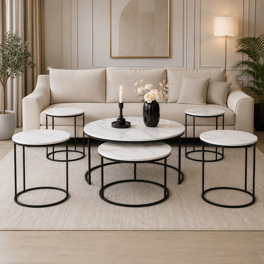 طقم طاولات ضيافة فيراندو الفاخر 2+4 قطع بتصميم مودرن أنيق مع طاولتين رئيسيتين وطاولات جانبية مدورة بأسطح خشبية راقية لغرف المعيشة والمجالس وصالات الاستقبال الحديثة