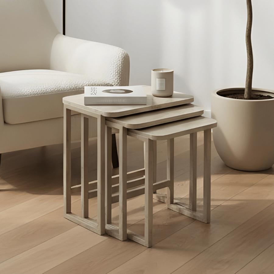 طقم طاولات خدمة خشبية  تالسكا مدرجة 3 قطع باللون البيج – تصميم حديث وأنيق لطاولات جانبية فاخرة لغرف المعيشة والمجالس
