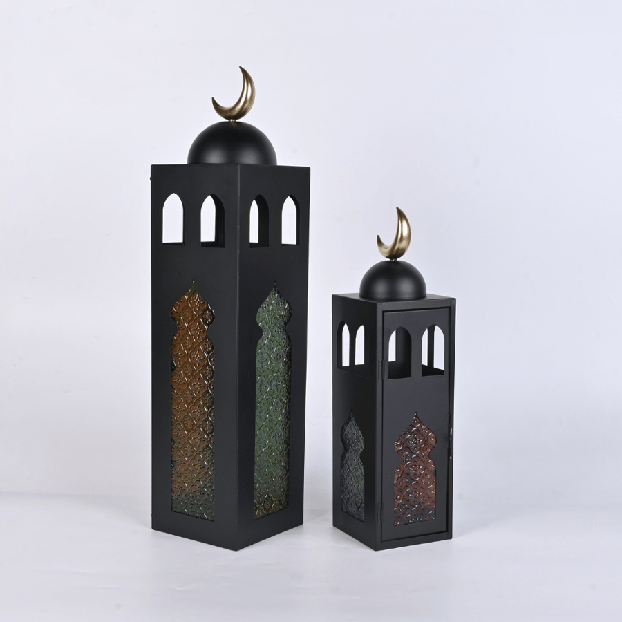 طقم فانوس رمضان شموع اسود مناسب للديكور الداخلي والخارجي  نمط عربي مغربي