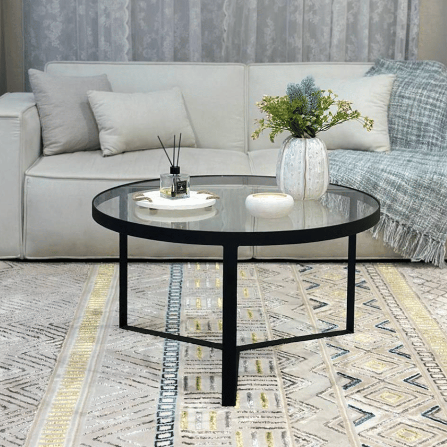 طاولة قهوة فاليرون مدورة 80×80 سم – طاولة ضيافة وسط بسطح زجاج فاخر بتصميم مودرن أنيق لغرف المعيشة والمجالس