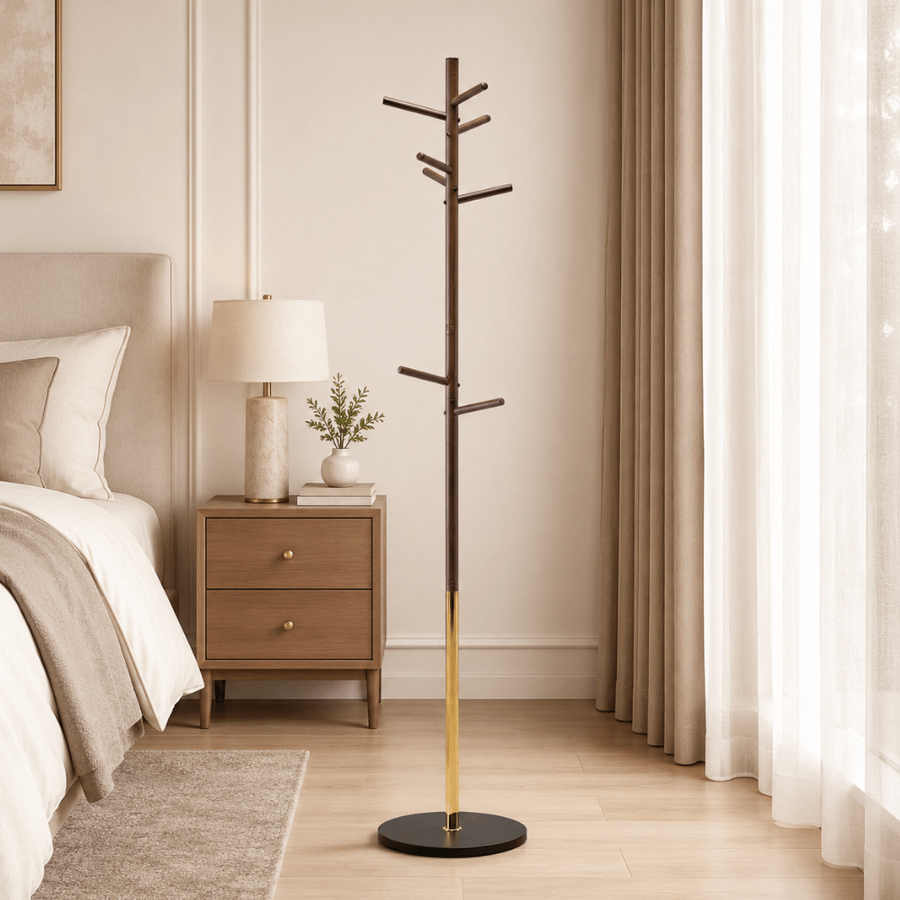 علاقة ملابس ليفارا معدنية لون كوفي 190×36 سم – شماعة ملابس أرضية فاخرة بتصميم عصري عملي لتعليق العبايات والملابس والشنط وتنظيم المداخل وغرف النوم وغرف الملابس