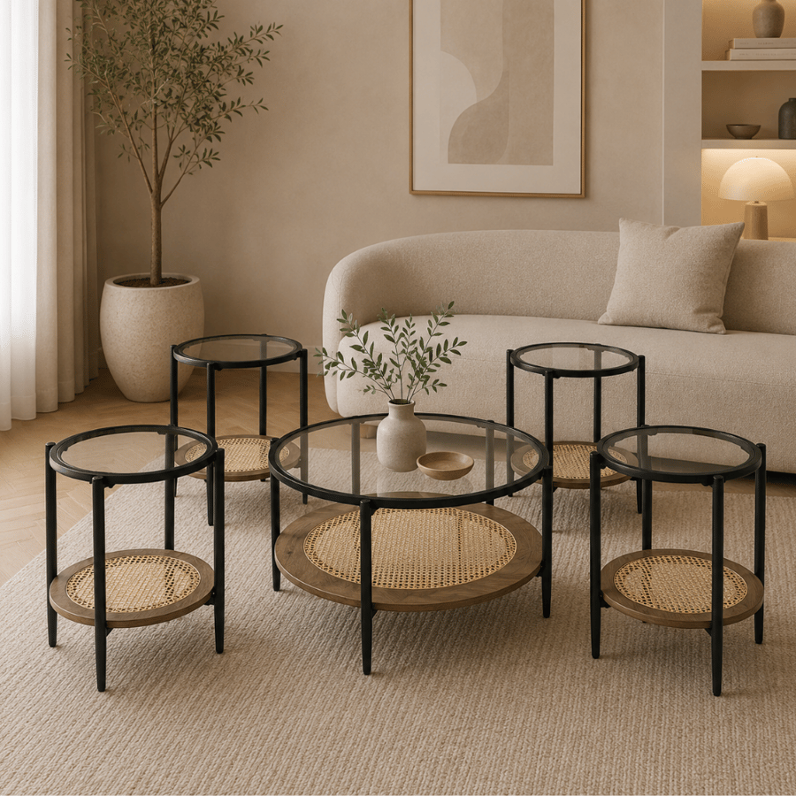 طقم طاولات قهوة تاكورا الفاخر 1+4 قطع مدورة دورين بسطح زجاج وخشب لون خشبي – طاولات شاي بتصميم عصري راقٍ وخامات متينة للمجالس وغرف المعيشة والضيافة