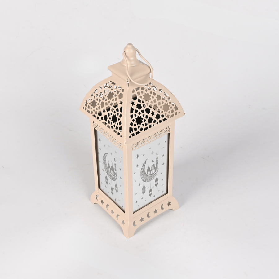 فانوس رمضان ليد حديد بيج مع زجاج فضي - تصميم انيق بنقشة اسلامية