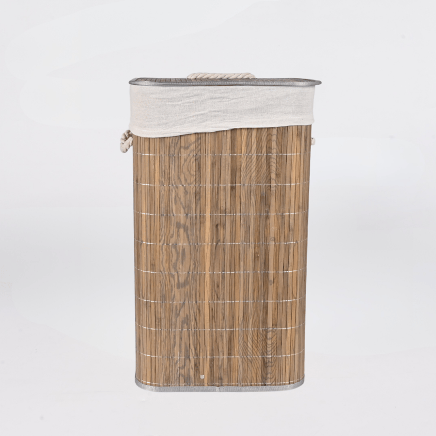 سلة غسيل مربعة مقاس 35×60 سم قابلة للطي بني رمادي مع غطاء خشبي وبطانة داخلية – تخزين وتنظيم الملابس