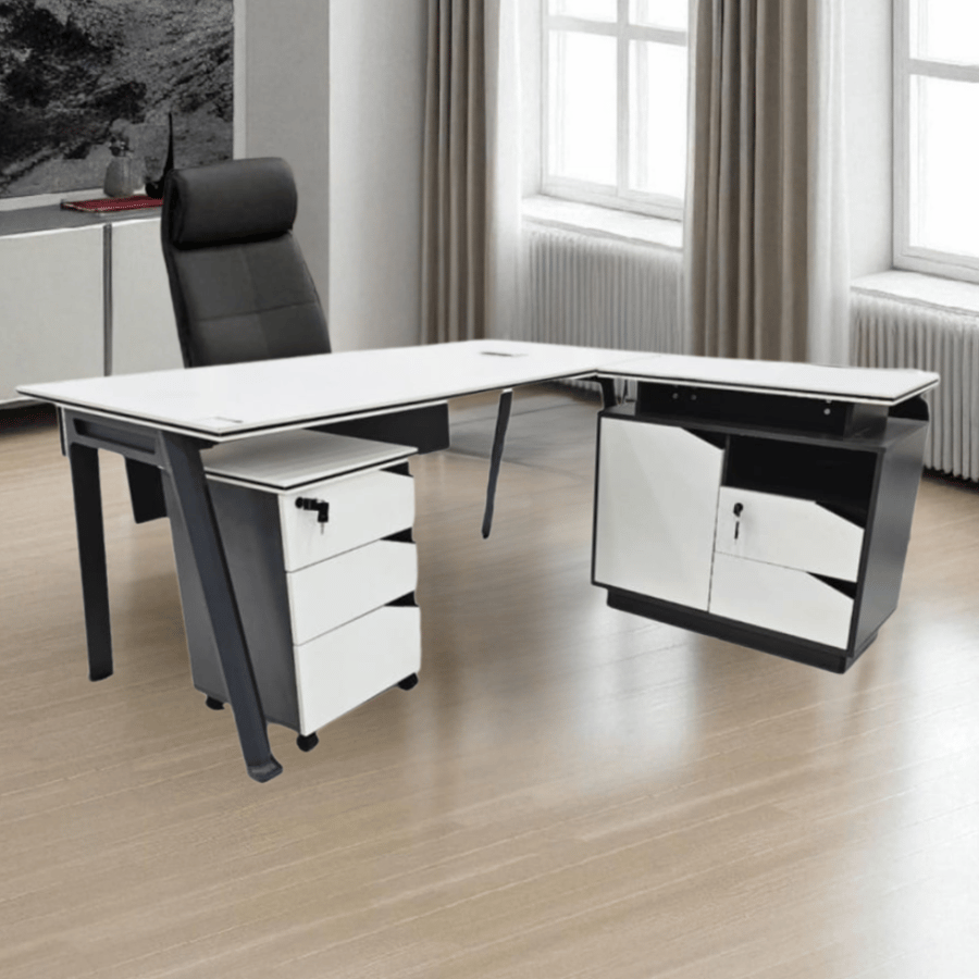 طاولة مكتبية مع ملحق جانبي وأدراج تخزين مقاس 160×80×75 سم – رينديرا تصميم أنيق للمكاتب