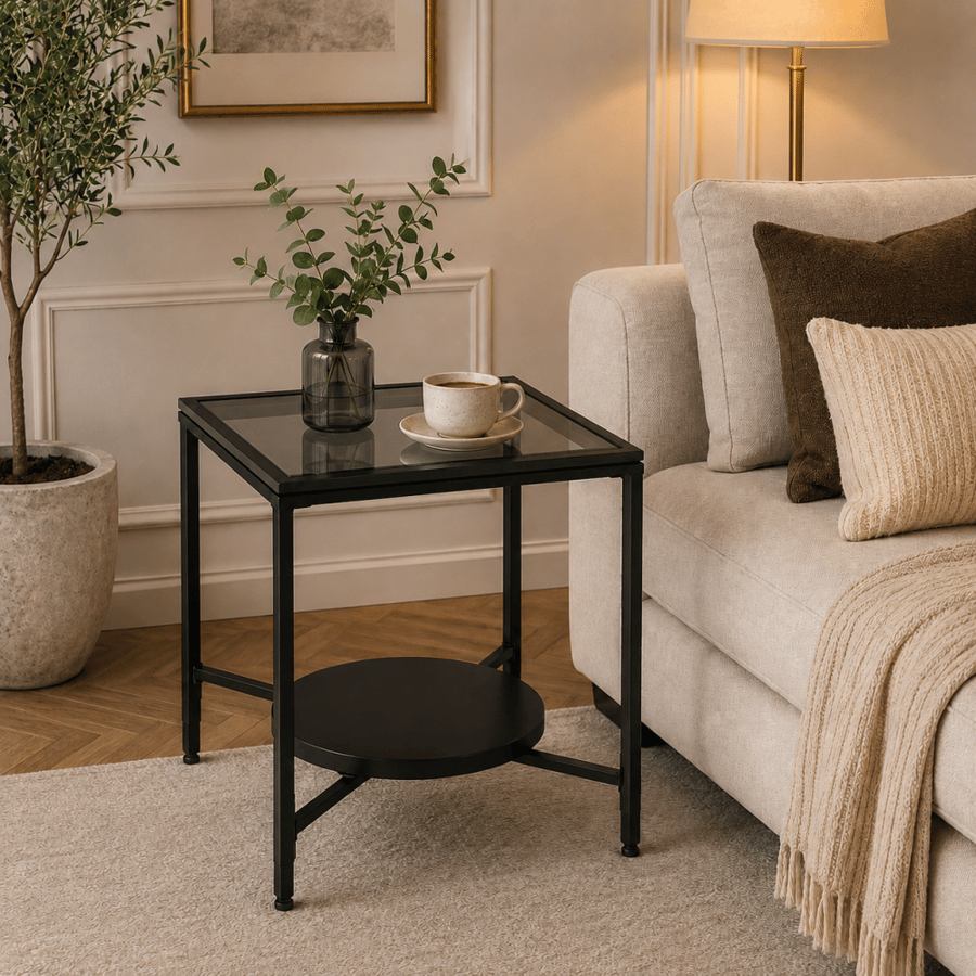 طاولة جانبية فيرنيكس زجاجية 60×60 سم مربعة دورين مع هيكل معدني – طاولة خدمة وقهوة عصرية بتصميم فاخر ومتعدد الاستخدامات للمجالس وغرف المعيشة والاستقبال