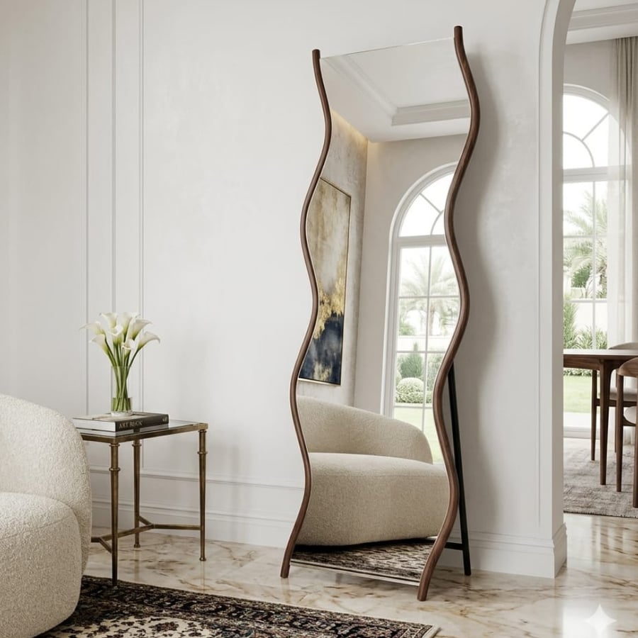 مراية أرضية 170×65 سم بتصميم مموج وإطار خشبي غامق – مراية مارفتلس فاخرة وعصرية بتصميم حديث لغرف النوم والصالونات