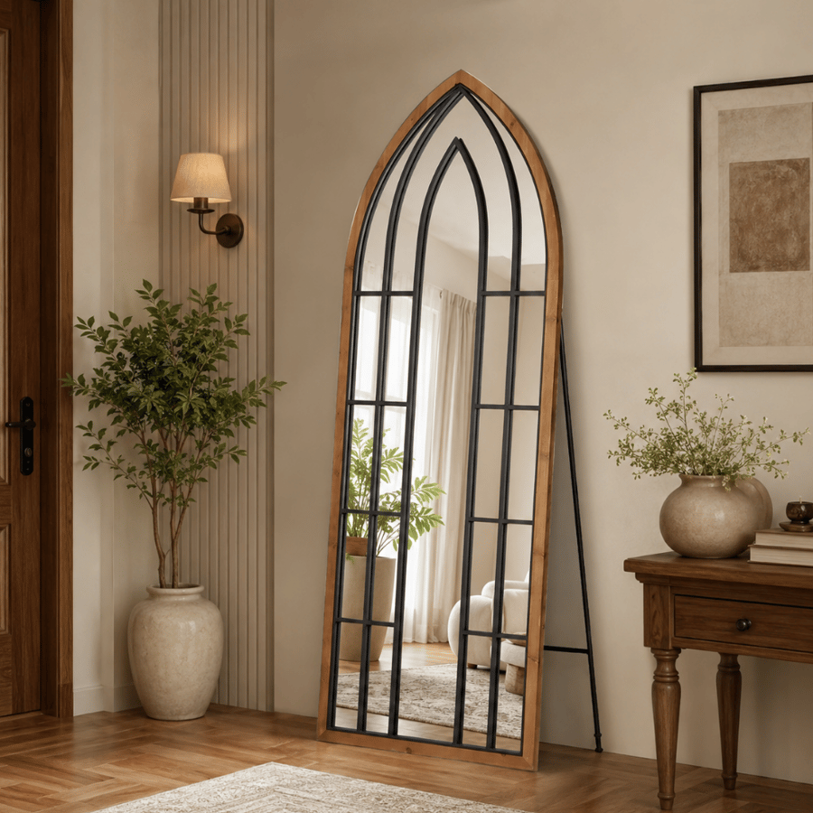 مراية أرضية رونثرا مقوسة 160×60 سم لون خشبي – مرآة كاملة الطول بتصميم مودرن فاخر بإطار خشبي أنيق لغرف النوم وغرف الملابس والمداخل والصالونات