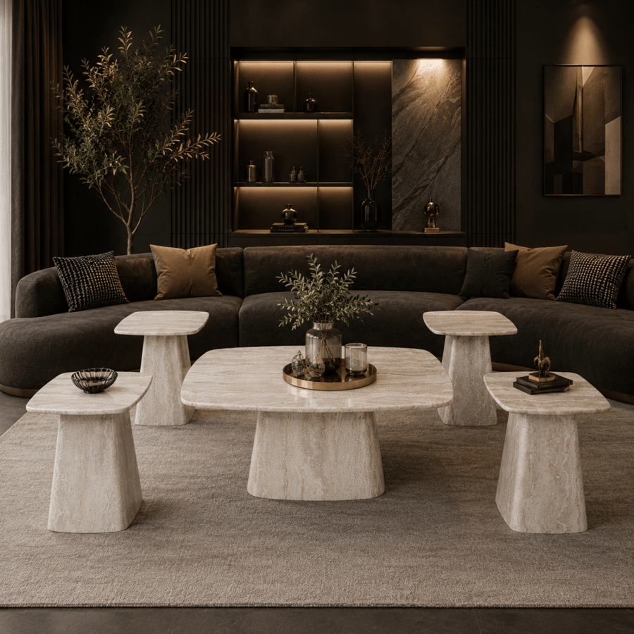 طقم طاولات ضيافة داليسا الفاخر 1+4 قطع رخام مستطيلة باللون الخشبي الفاتح – تصميم عصري أنيق للمجالس وغرف المعيشة والاستقبال