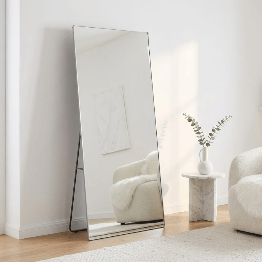 مرآة أرضية مستطيلة 180×80 سم بإطار فضي مع ستاند ثابت – مراية زينوريا ديكور راقي لغرفة النوم والريسبشن