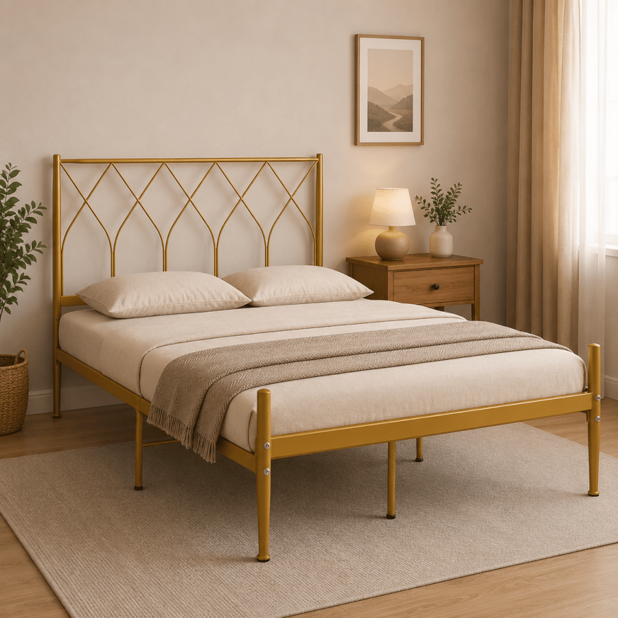 سرير ارتكفا الذهبي الفاخر – أناقة ملكية تجمع بين أصالة الحديد وروعة التصميم، مقاس 190×120 سم لغرفة نوم راقية
