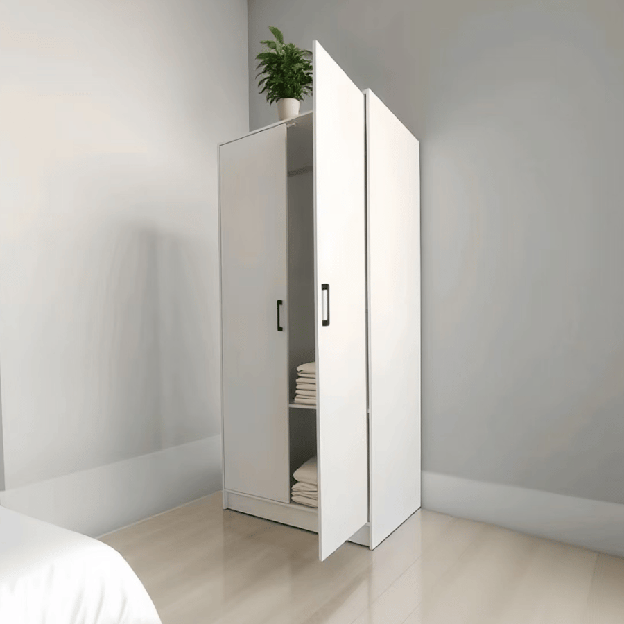 دولاب ملابس 2 باب خشب أبيض مقاس 176×79×55 سم – تصميم عملي وأنيق لغرف النوم