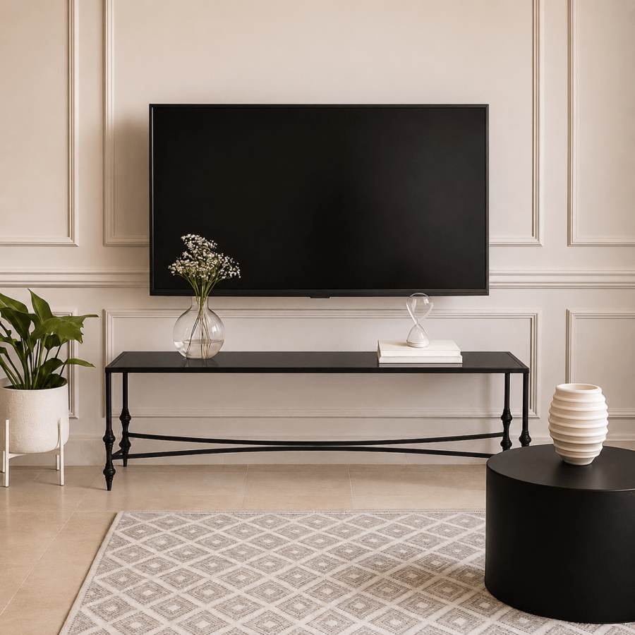 طاولة تلفزيون اكتفرتا 120×30 سم بسطح زجاج وهيكل معدني متين – طاولة بلازما مودرن فاخرة بتصميم عصري أنيق