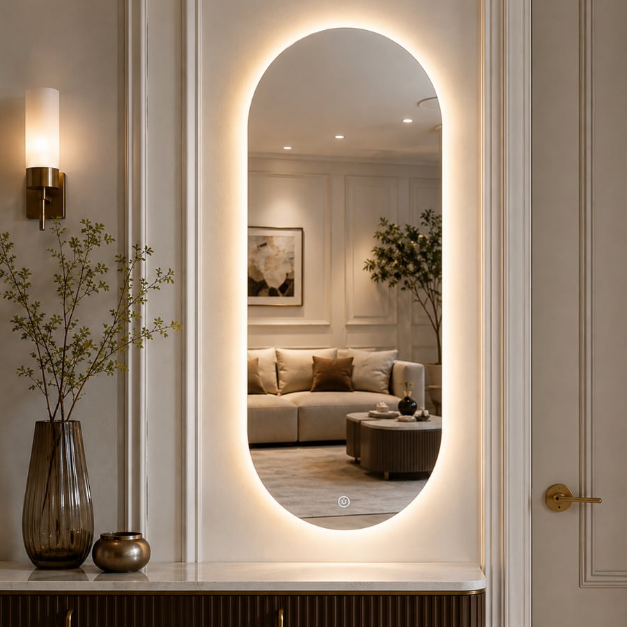 مراية جدارية LED بيضاوية فاخرة 80×160 سم بتصميم لوزيفارو أنيق ومودرن للديكور العصري وغرف المعيشة الحديثة