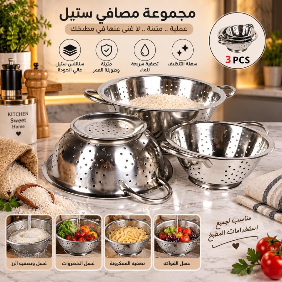 طقم مصافي ستانلس ستيل 3 قطع بمقاسات مختلفة – متين وعالي الجودة للمطبخ