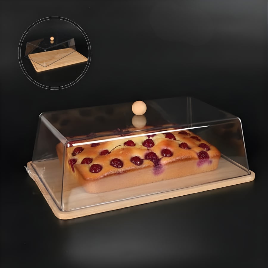 طوفرية تقديم كيك خشبية فاخر بغطاء أكريليك شفاف مقاس 41×26 سم – تصميم أنيق وعصري لعرض وتقديم الحلويات والكيك والمناسبات الفاخرة