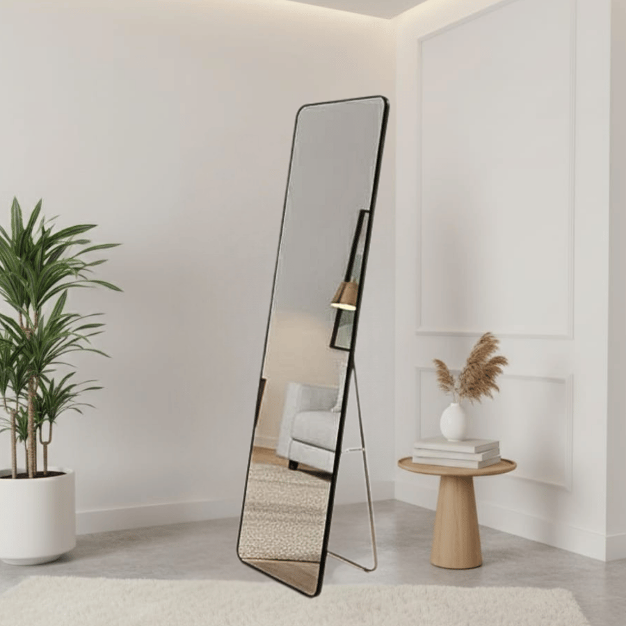 مرآة أرضية طويلة مستطيلة 150×45 سم بإطار حديد أسود مع ستاند – مرآة فيولا أنيقة فاخرة للصالات والمداخل والغرف