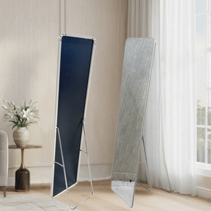 مرآة أرضية طويلة مستطيلة 150×45 سم بإطار حديد فضي مع ستاند – مرآة فيولا أنيقة فاخرة للصالات والمداخل والغرف